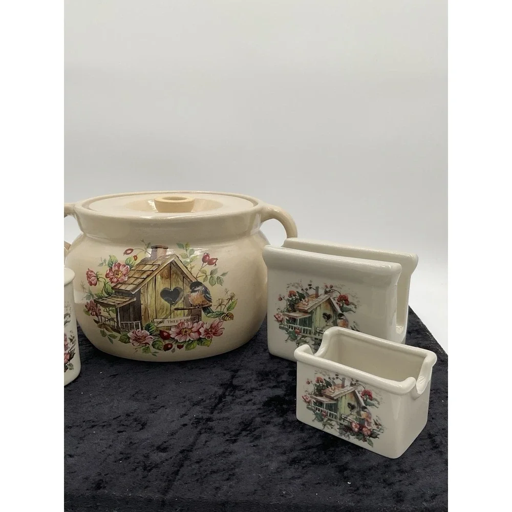Vintage Country Birdhouse Kitchen Set Large Jar Salt Pepper Napkin Holders 5 Pc